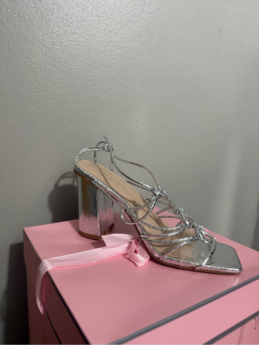 Fashion Nova Metallic Silver Strappy Block Heel Sandal